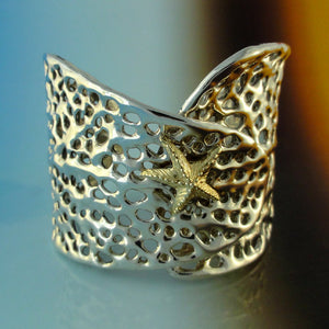 Sea Life Sea Fan Coral Cuff Bracelet, Gold Starfish Handmade Cuff, Sterling Silver Cuff, Starfish and Coral Cuff, Silver and Gold Cuff