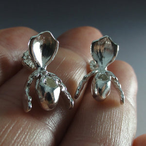 Lady Slipper Orchid Post Earrings, Silver Orchid Earrings, Paphiopedilum, Lady Slipper Earrings