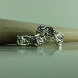 Sterling Silver Twig and Leaf Wedding Band Set, Tree Branch Wedding Set, Twig and Leaf Ring, Twig Wedding Band, Branch  Bands