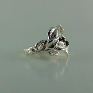 Open Heart Mother's Ring with Gemstones, Three stone ring with leaves and twigs, Silver Leaf and Twig Ring, Heart & Leaf Ring, Twig Ring