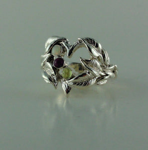 Open Heart Mother's Ring with Gemstones, Three stone ring with leaves and twigs, Silver Leaf and Twig Ring, Heart & Leaf Ring, Twig Ring