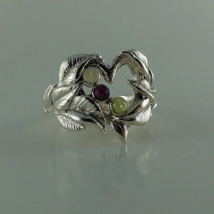 Open Heart Mother's Ring with Gemstones, Three stone ring with leaves and twigs, Silver Leaf and Twig Ring, Heart & Leaf Ring, Twig Ring