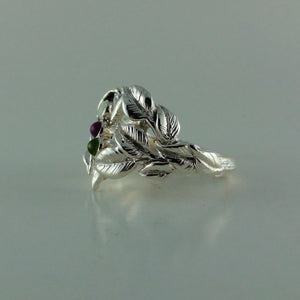 Open Heart Mother's Ring with Gemstones, Three stone ring with leaves and twigs, Silver Leaf and Twig Ring, Heart & Leaf Ring, Twig Ring