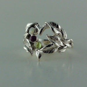 Open Heart Mother's Ring with Gemstones, Three stone ring with leaves and twigs, Silver Leaf and Twig Ring, Heart & Leaf Ring, Twig Ring