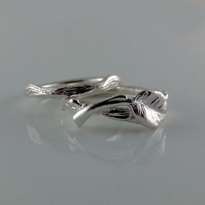 14k Gold or Sterling Silver, Leaf and Twig Wedding Set, Sterling Silver Leaf and Twig Rings, Tree Branch Ring, Leaf Ring, Twig Wedding Rings