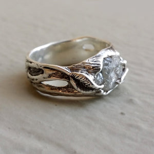Twig and Leaf Engagement, Wedding Band, Raw Rough Uncut Diamond, One of a kind hand sculpted Twig Wedding Band by Dawn Vertrees