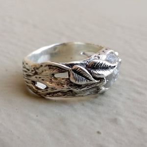 Twig and Leaf Engagement, Wedding Band, Raw Rough Uncut Diamond, One of a kind hand sculpted Twig Wedding Band by Dawn Vertrees