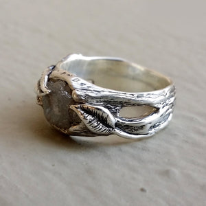 Twig and Leaf Engagement, Wedding Band, Raw Rough Uncut Diamond, One of a kind hand sculpted Twig Wedding Band by Dawn Vertrees