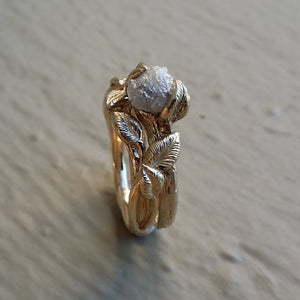 Twig & Leaf Engagement Ring, 14K Yellow Gold Raw Uncut White or Black Diamond Bridal Set, Twig Ring Guard or Solitaire Wrap by Dawn Vertrees