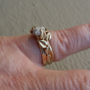 Twig & Leaf Engagement Ring, 14K Yellow Gold Raw Uncut White or Black Diamond Bridal Set, Twig Ring Guard or Solitaire Wrap by Dawn Vertrees