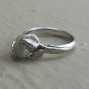 Leaf & Twig Engagement Ring, Rough Uncut Diamond Solitaire, Hand sculpted 14k White Gold, Optional Band, Wedding Ring, Diamond Ring by Dawn