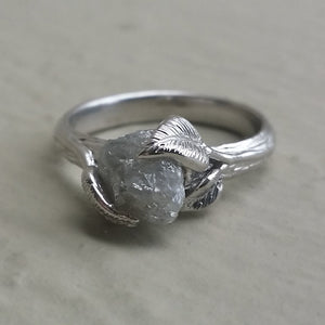 Leaf & Twig Engagement Ring, Rough Uncut Diamond Solitaire, Hand sculpted 14k White Gold, Optional Band, Wedding Ring, Diamond Ring by Dawn