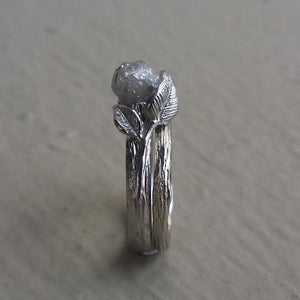 Leaf & Twig Engagement Ring, Rough Uncut Diamond Solitaire, Hand sculpted 14k White Gold, Optional Band, Wedding Ring, Diamond Ring by Dawn