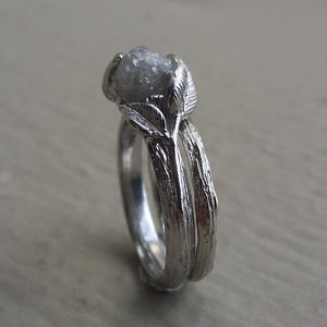 Leaf & Twig Engagement Ring, Rough Uncut Diamond Solitaire, Hand sculpted 14k White Gold, Optional Band, Wedding Ring, Diamond Ring by Dawn