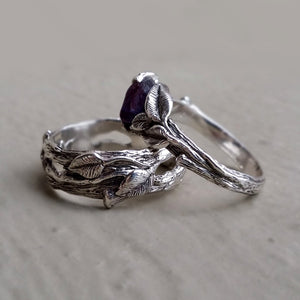 Raw Uncut Purple Sapphire Leaf & Twig Matching Wedding Band Set, Engagement Ring- Hand Sculpted