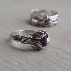 Raw Uncut Purple Sapphire Leaf & Twig Matching Wedding Band Set, Engagement Ring- Hand Sculpted