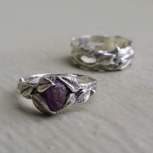 Raw Uncut Purple Sapphire Leaf & Twig Matching Wedding Band Set, Engagement Ring- Hand Sculpted