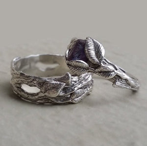 Raw Uncut Purple Sapphire Leaf & Twig Matching Wedding Band Set, Engagement Ring- Hand Sculpted