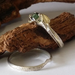 Made to Order 14k Leaf & Twig Sapphire Wedding Set, Leaf and Twig Diamond Bridal Set, Round Diamond, Hand Sculpted by Dawn Vertrees