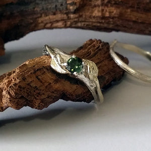 Made to Order 14k Leaf & Twig Sapphire Wedding Set, Leaf and Twig Diamond Bridal Set, Round Diamond, Hand Sculpted by Dawn Vertrees