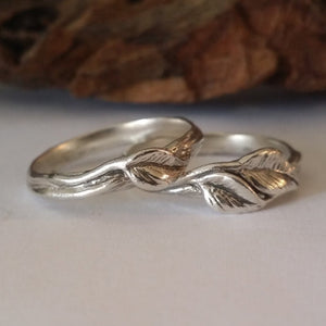 Leaf and Twigs Engagement Wedding Set, Twig Stacking Wedding Band with Leaves in Sterling Silver hand sculpted by Dawn Vertrees