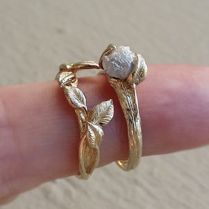 Twig & Leaf Engagement Ring, 14K Yellow Gold Raw Uncut White or Black Diamond Bridal Set, Twig Ring Guard or Solitaire Wrap by Dawn Vertrees