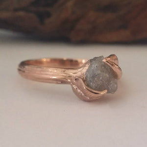 Raw Diamond Leaf Engagement Ring, 14k Rose Gold Raw Uncut Engagement Ring, Cruelty Free, Hand sculpted by Dawn Vertrees