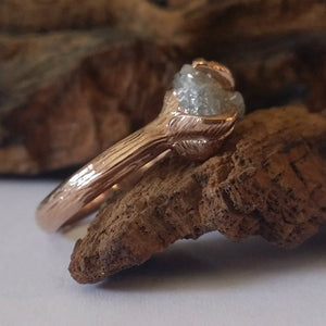 Raw Diamond Leaf Engagement Ring, 14k Rose Gold Raw Uncut Engagement Ring, Cruelty Free, Hand sculpted by Dawn Vertrees