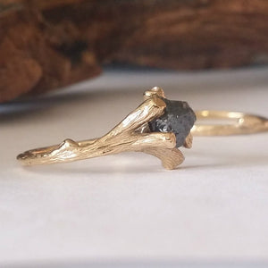 18k Twig Engagement Ring, Raw Uncut White or Black Diamond Branch Bridal Set, 18k Gold, Promise ring Hand Sculpted by Dawn Vertrees