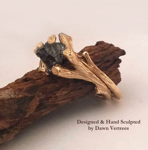 18k Twig Engagement Ring, Raw Uncut White or Black Diamond Branch Bridal Set, 18k Gold, Promise ring Hand Sculpted by Dawn Vertrees
