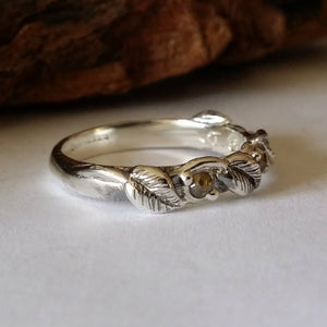Twig Wedding Band with Hand sculpted Leaves, 3 Rose Cut Raw Diamond set in Sterling Silver, Rose Cut Diamond Ring by Dawn Vertrees