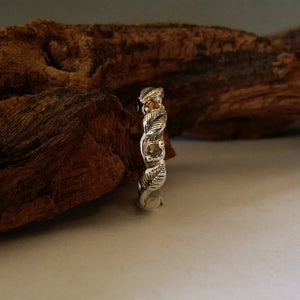 Twig Wedding Band with Hand sculpted Leaves, 3 Rose Cut Raw Diamond set in Sterling Silver, Rose Cut Diamond Ring by Dawn Vertrees