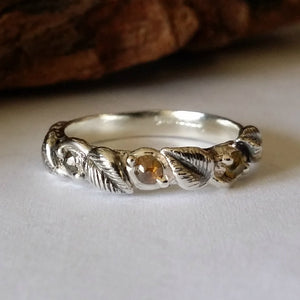 Twig Wedding Band with Hand sculpted Leaves, 3 Rose Cut Raw Diamond set in Sterling Silver, Rose Cut Diamond Ring by Dawn Vertrees