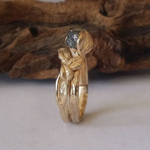 Twig and Leaf Engagement Ring, 14K Yellow Gold Raw Uncut White or Black Diamond Bridal Set, Twig Ring Guard  by Dawn Vertrees