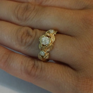 Leaves Engagement Ring - 14K or 18k Gold and Diamond Engagement Ring, 3 Stone Ring, Three Stone Ring, Engagement Ring, Leaf Ring, by Dawn