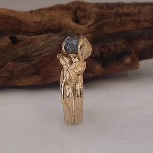 Twig and Leaf Engagement Ring, 14K Yellow Gold Raw Uncut White or Black Diamond Bridal Set, Twig Ring Guard  by Dawn Vertrees