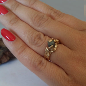Twig and Leaf Engagement Ring, 14K Yellow Gold Raw Uncut White or Black Diamond Bridal Set, Twig Ring Guard  by Dawn Vertrees